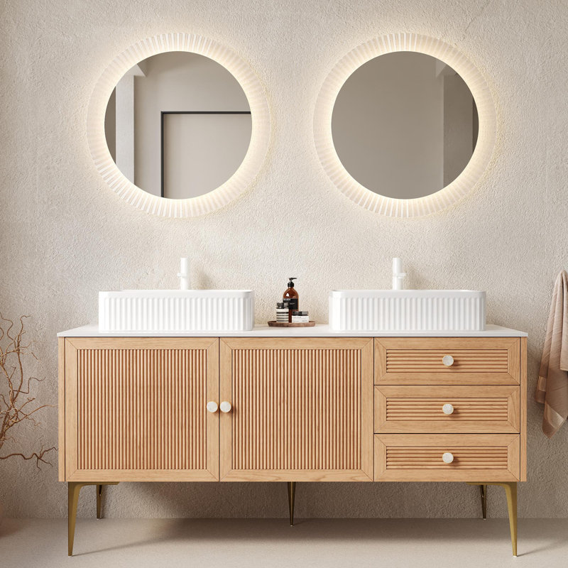 Elegant Oak & White Ceramic Bathroom Vanity: Durable Freestanding Cabinet With Ample Storage For Luxurious Bath Spaces