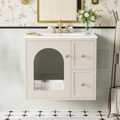 Ensemble de meuble-lavabo mural 24 po pour petit espace, armoire de salle de bain avec lavabo en céramique, 2 tiroirs et 1 porte à fermeture en douceur 