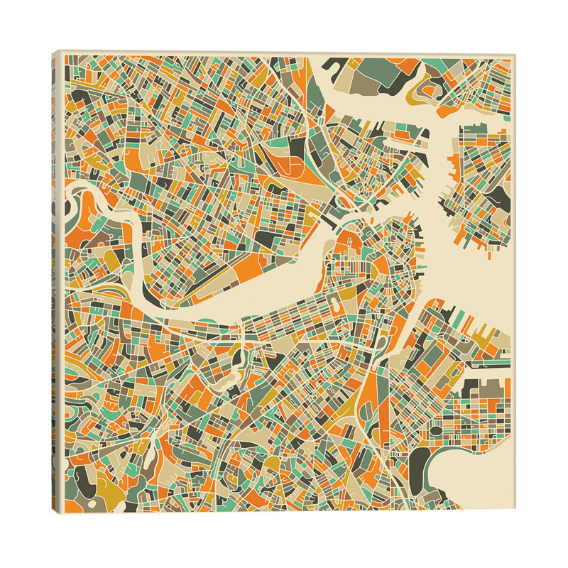 Abstract City Map Of Boston by Jazzberry Blue - No Frame Print on Canvas, White Framed Canvas, 66.04 cm H x 66.04 cm W