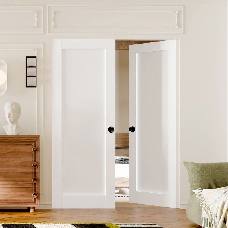 Porte intérieure à dalle - 2 panneaux de panneau de fibres à densité moyenne blanc de style Shaker avec porte à peindre avec poignée, quincaillerie non incluse