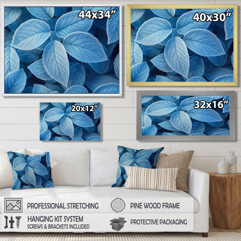 «Ifraz Frost Blue Leaves Tranquility II» - feuilles, art mural, Reproduction encadrée d'une seule photo, H 12 po x l 20 po