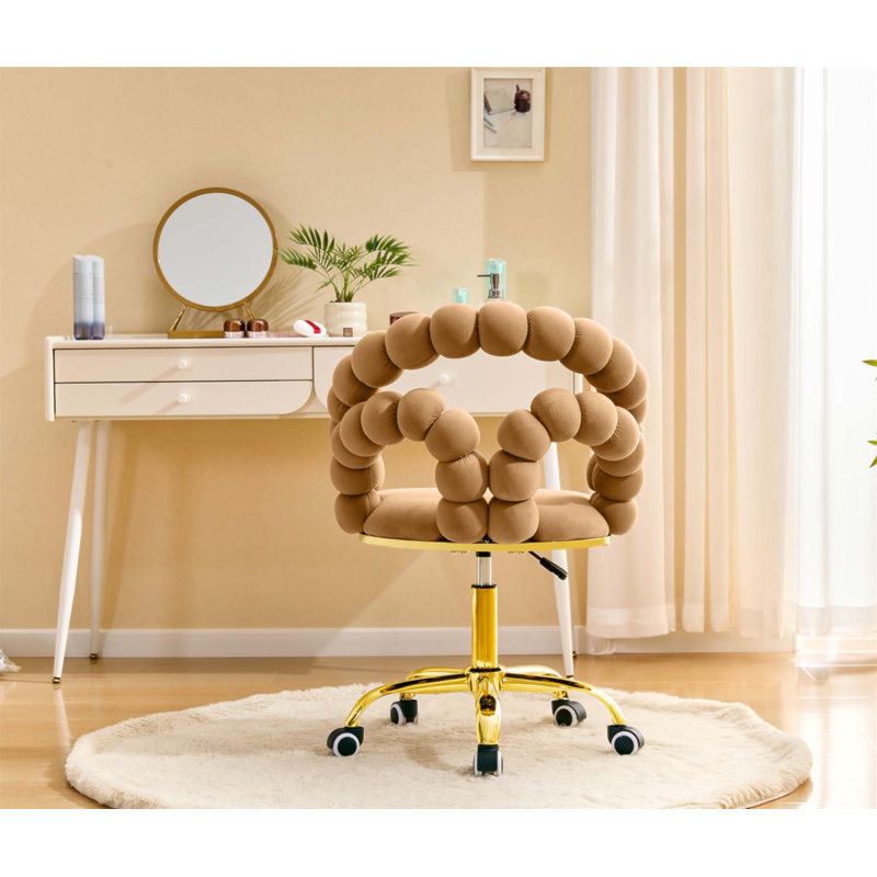 Fauteuil de bureau en velours pivotant avec dossier à bulles, fauteuil de coiffeuse mignon à hauteur réglable avec base dorée et roulettes pour la chambre à coucher et la salle de maquillage