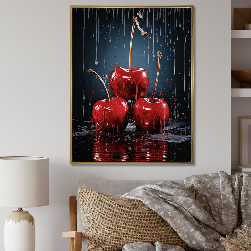 Red Cherry Delight 2 - art mural cerise, H 32 po x l 24 po x P 1 po, Cadre flottant doré