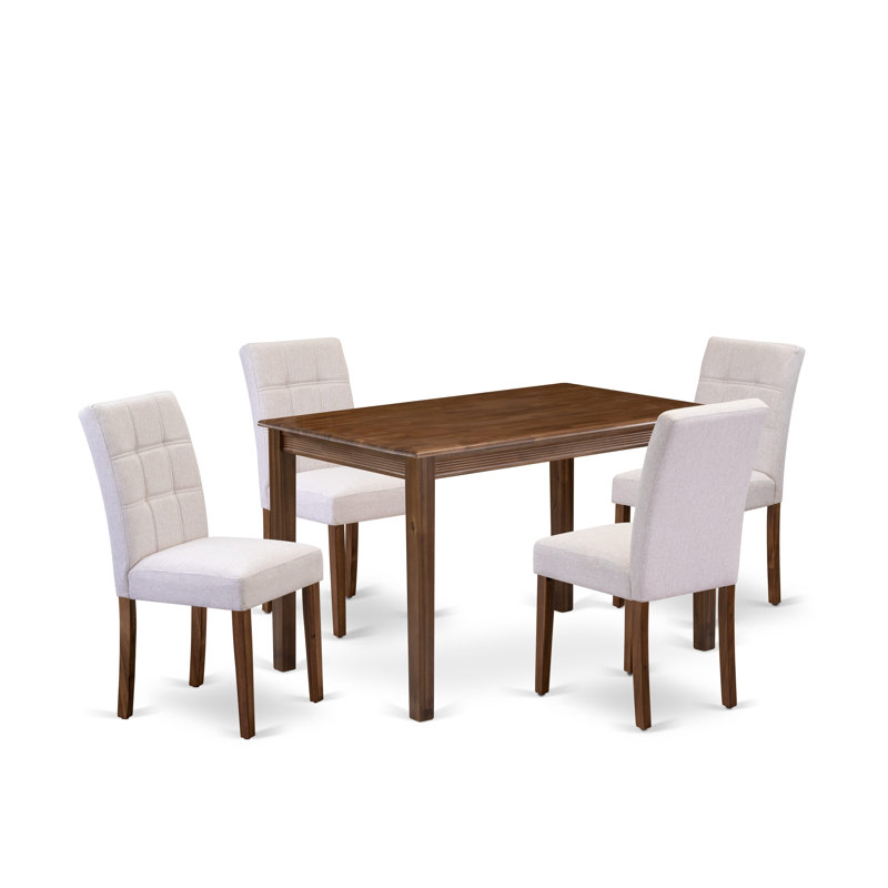 L'ensemble de table de salle à manger moderne 5 pièces contient une table de salle à manger et 4 chaises modernes en tissu de polyester beige brume, noyer antique