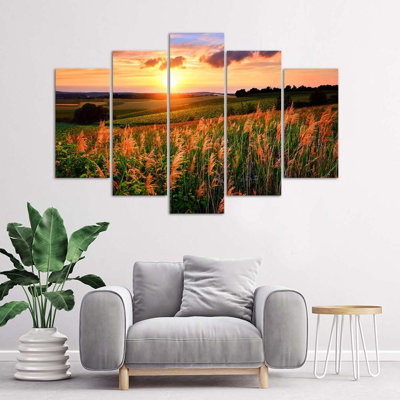Sunset Flowers Meadow - 5 Piece Wrapped Canvas Print