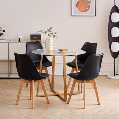 Table de salle à manger ronde en verre pour 2, plateau de table moderne en verre trempé avec 4 chaises rembourrées, table moderne et ensemble de 2 chaises pour la cuisine