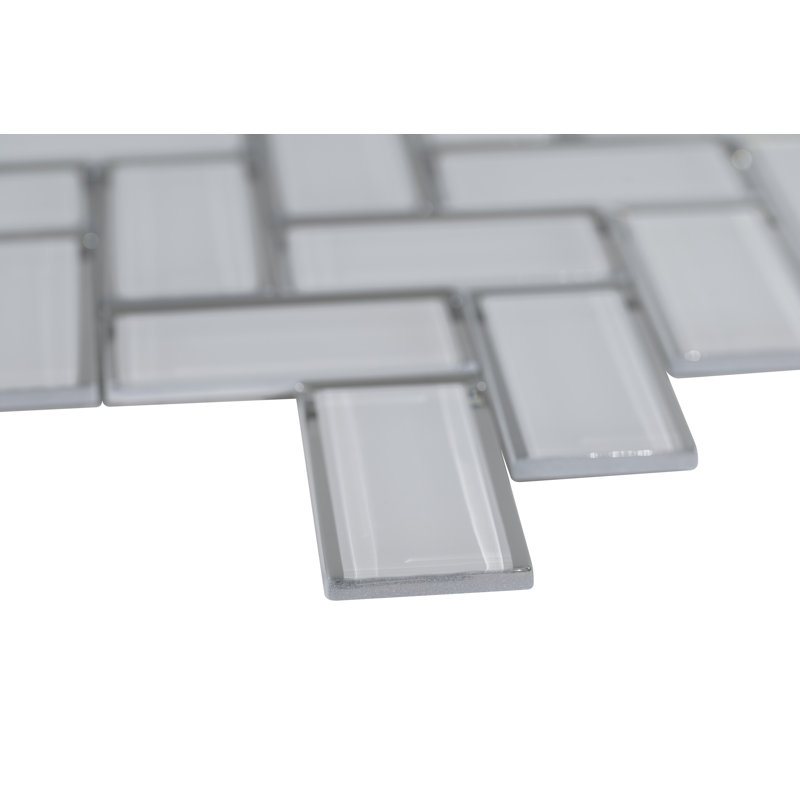 Rivella Herringbone 11 in. x 14 in. Glossy Glass Mosaic Wall Tile, Sage Edge