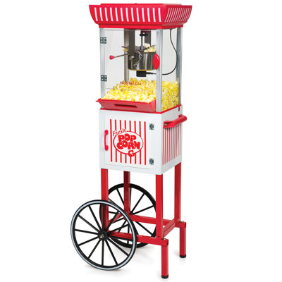 Chariot à maïs soufflé 2,5 onces Nostalgia PC25RW, pour 10 tasses de maïs soufflé, 48 pouces de hauteur, rouge / blanc