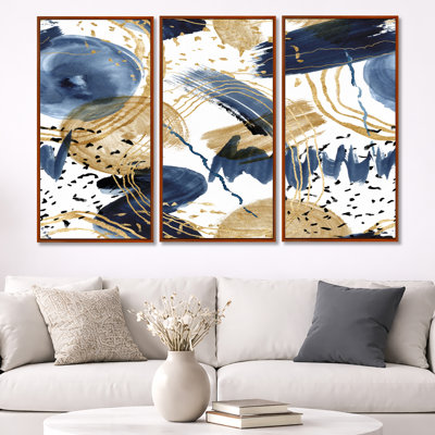 Abstract Pattern With Dark Blue & Golden - Modern Framed Canvas Wall Art Set Of 3