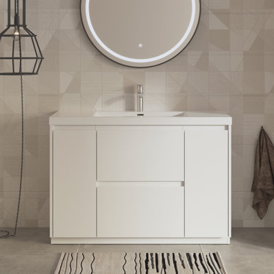 48" Single HG.White Bathroom Vanity Free Standing Vanities with Gloss White Resin Stone Top,2 Drawers 2 Doors Modern