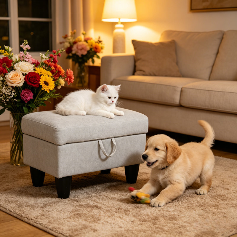 28.5" Rectangular Lift-Top Storage Ottoman, Solid Color Footrest, Grayish/White Velvet