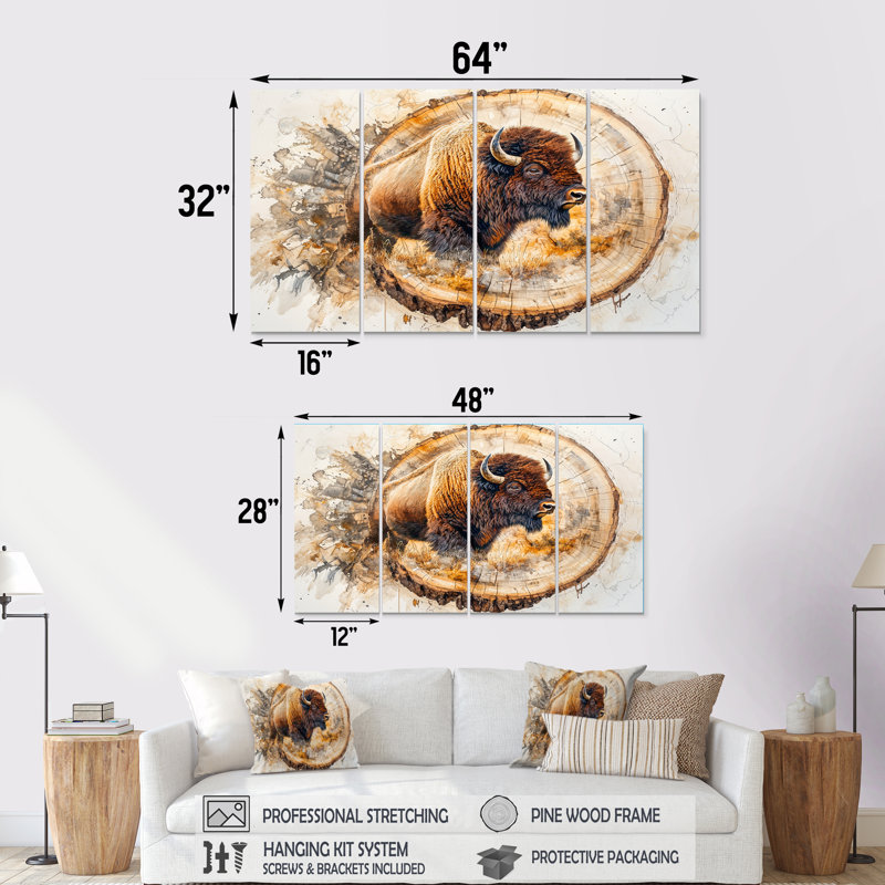 American Buffalo Into The Prairies - Art mural animal Buffalo - Art mural moderne sur toile, H 28 po x l 48 po