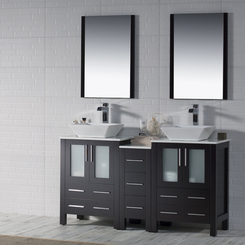 Mance 60.12'' Double Bathroom Vanity with Ceramic Top, Espresso