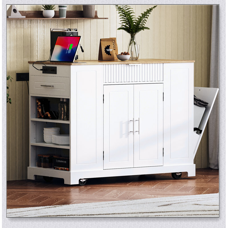 Fluted Kitchen Island with Trash Can Storage, Power Outlets, and Rolling Wheels for Enhanced Mobility and Organization, White