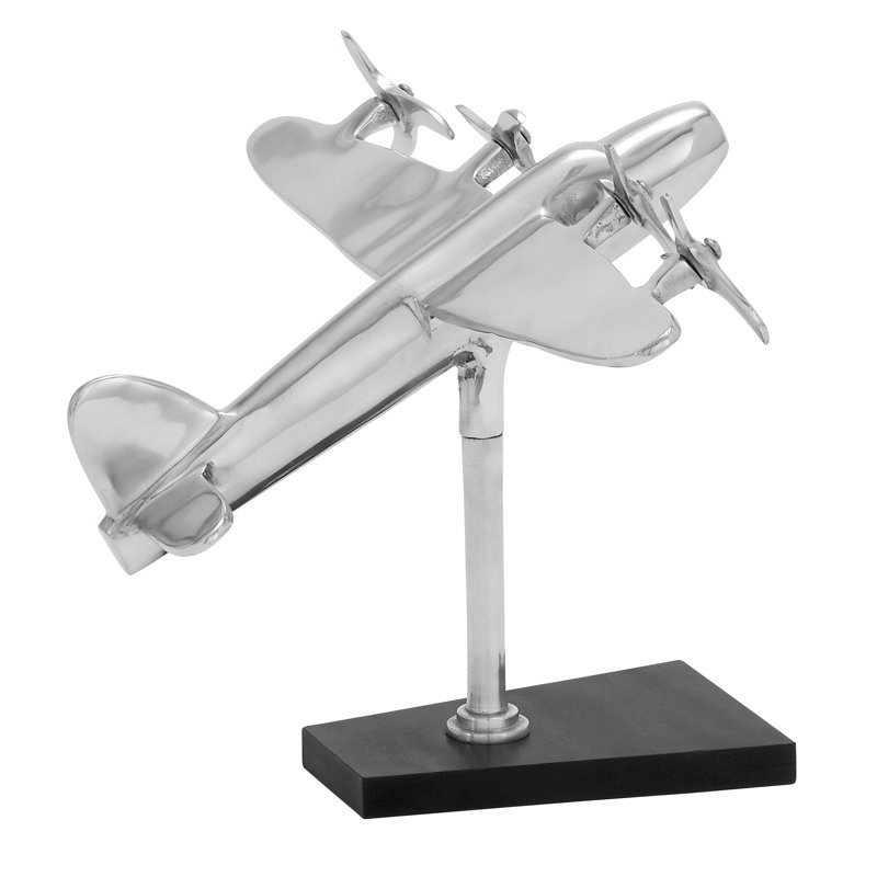 Arazia Aluminum Metal Airplane Decorative Silver Sculpture with Black Base