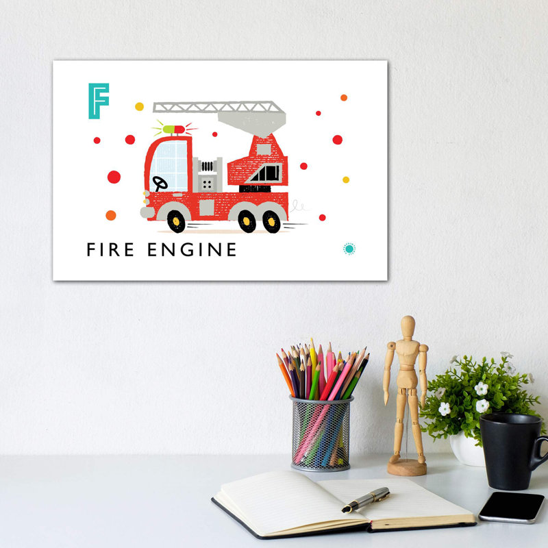 F Is for Fire Engine - impression d'art graphique, Pas de tapis, Toile tendue, H 8 po x l 12 po x P 0,75 po