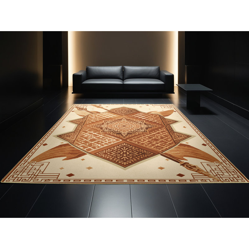 Tapis oriental doux et moelleux de style oriental Somerset beige - reliure jaune, 4 x 6
