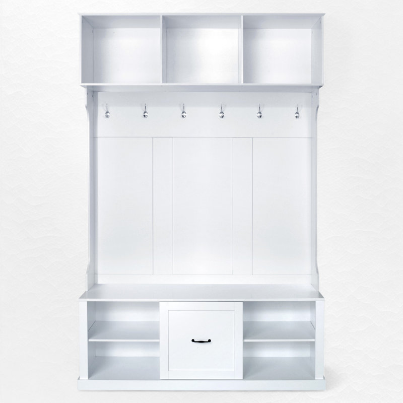 Arbre d'entrée de 57 po de largeur avec banc et rangement pour chaussures, White