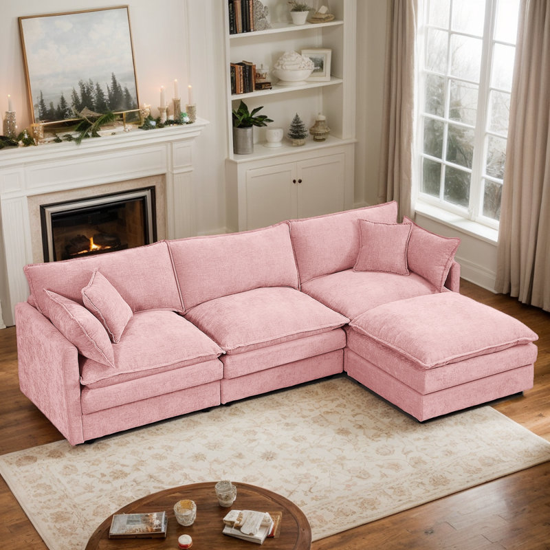 Eyisean 102" Chenille Modular Sectional Sofa with Ottoman, 3-Seater L Shape Cloud Couch with Upholstered & Pillow, Comfy Sleeper Sofa for Living Room, Bedroom, Office, Apartment, Easy Assembly