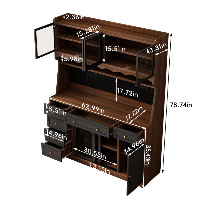 Buffet très large 63 po avec huche, garde-manger autoportant et bar à café avec prise de courant, panneau perforé et portes en verre