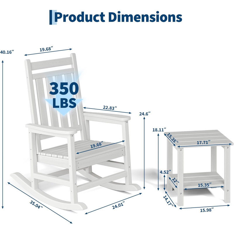 HDPE Rocking Chair Outdoor, Poly High Back Porch Rocker Chairs, All Weather Resistant Furniture with Table, White