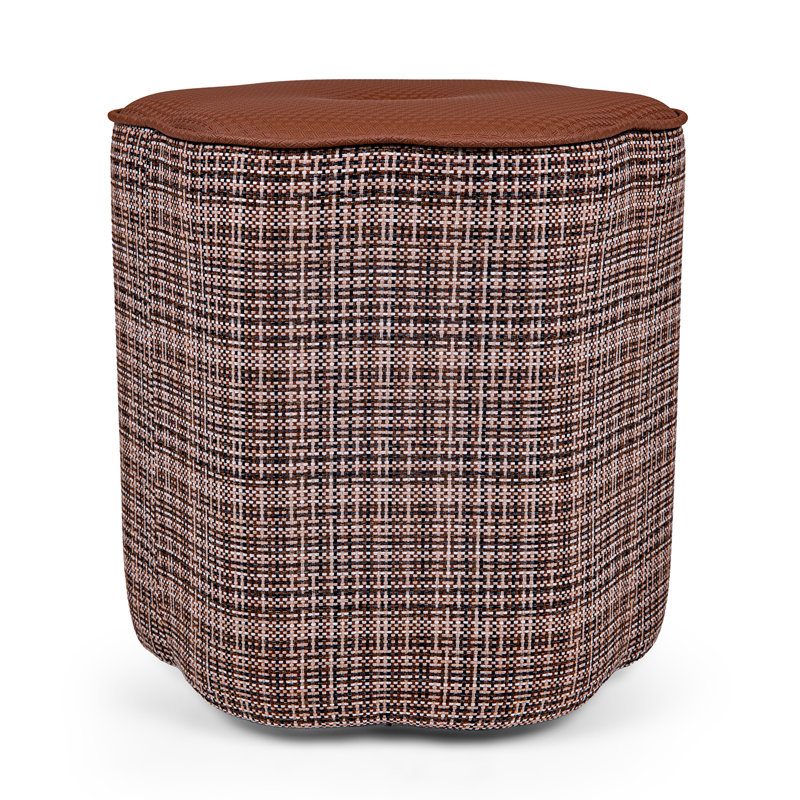 Fully Assembled Faux Leather and Textured Basketweave Round Ottoman, Brown