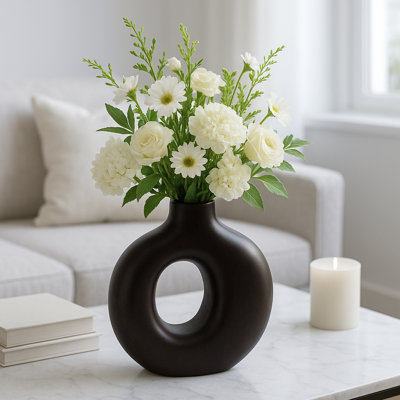 Decorative Mango Wood Table Vase for Home Decor Accent - Modern Cutout Flower Vase for Living Room, Office and Entryway Display