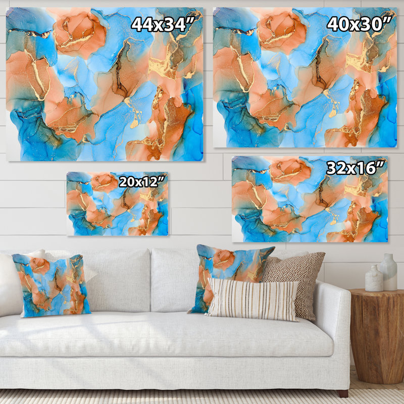 Turquoise et brun, luxe abstrait, fluide VI - peinture sur toile, H 24 po x l 32 po x P 1 po, Toile tendue