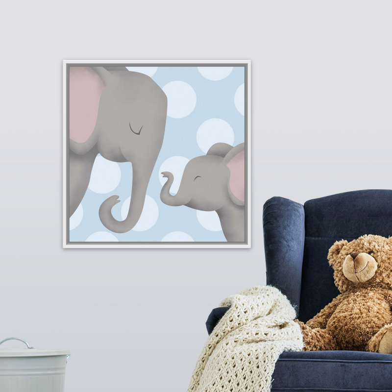 «Elephant Mommy and Baby on Blue», impression, Cadre pour toile flottant blanc, H 24 po x l 24 po x P 1,75 po