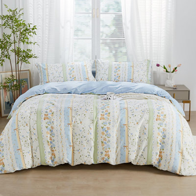 Ensemble de housse de couette pour lit double 3 pièces Mignon petit ours bleu et vert avec ensemble de housse de couette 100% coton 1 housse de couette 90 "x 80" 2 taies d'oreiller