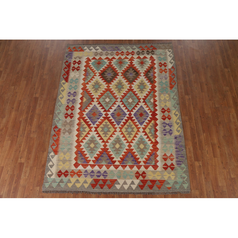 Tapis géométrique en laine Kilim 6 x 8