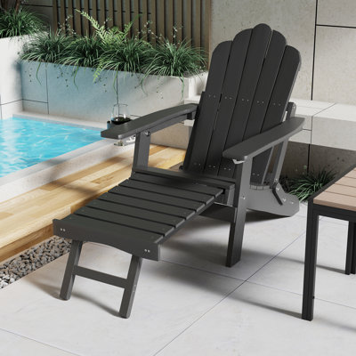Folding Adirondack Chair with Cup Holders, Fire Pit Chair with Retractable Ottoman, Multifunctional HIPS Chair for Patio