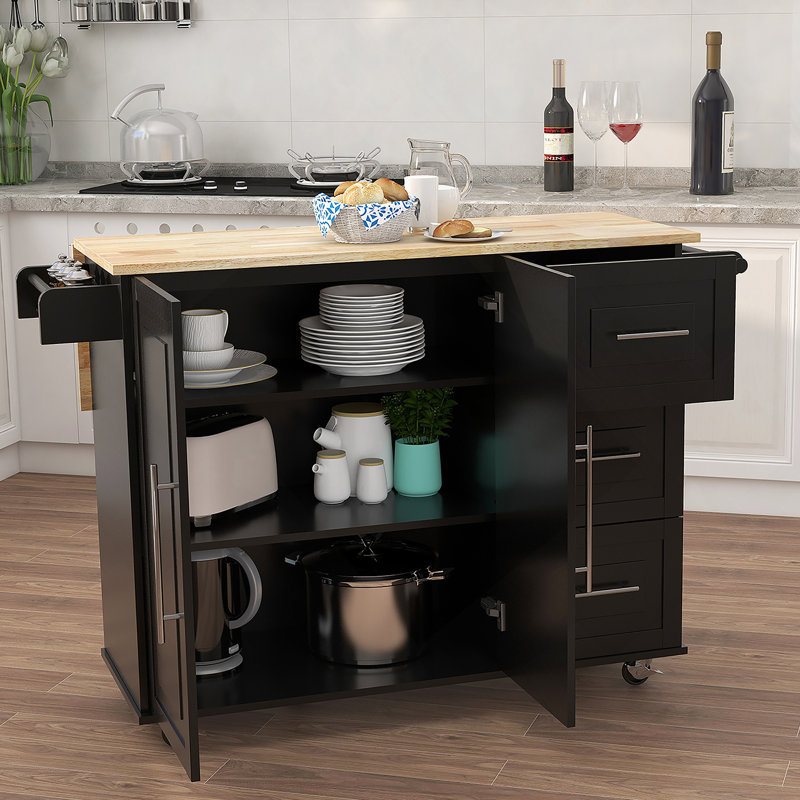 Îlot de cuisine avec porte-épices, porte-serviettes et table extensible en bois massif