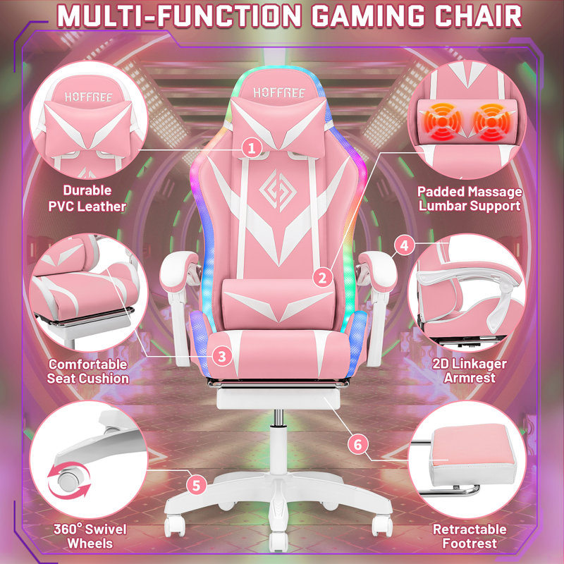 Pink and White Ergonomic Gaming Chair with Bluetooth Speakers and LED Lights