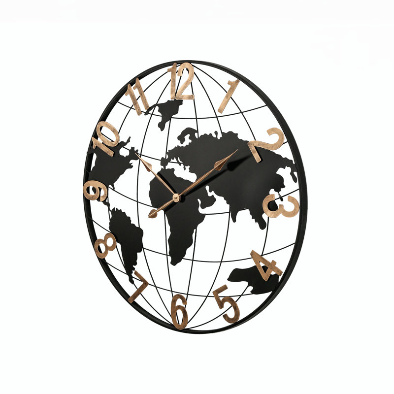 Horloge murale de 91 cm (36 po) en métal noir, design moderne et silencieux avec carte du monde et chiffres arabes dorés vintage