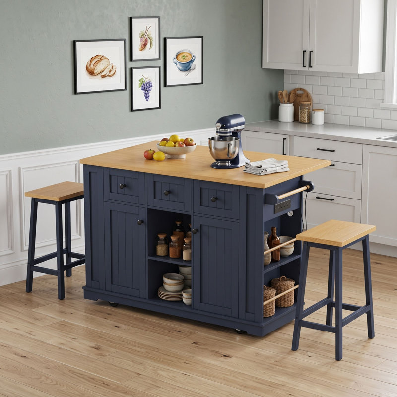 Ensemble d'îlot de cuisine 3 pièces avec 2 tabourets, abattant, station de charge intégrée, tablettes réglables et roues verrouillables
