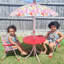 Kids Foldable Garden Patio Set Round Red Table Two Butterfly Print Armchairs Detachable Height Adjustable Sun Parasol For Children Aged 3 To 5