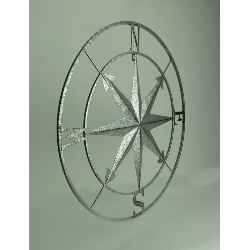 Décoration murale rose des vents, H 28 po x l 28 po x P 0,5 po, Argent