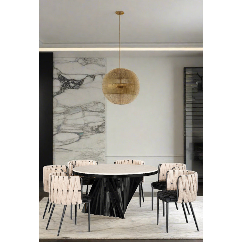 Willene Waterfall Round Marble Dining Table Set with Sculptural Base and 6 Woven Strap Chairs – 7-Piece Modern Dining Set with Metal Frame
