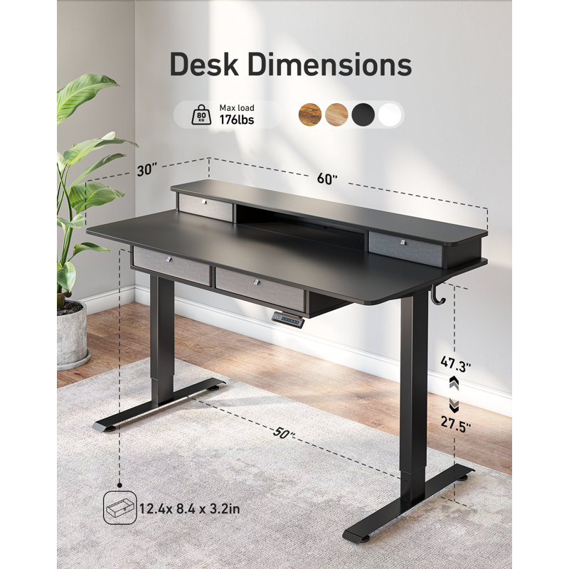 Bureau debout à hauteur ajustable Euri, Noir, H 50 po x l 63 po x P 30 po