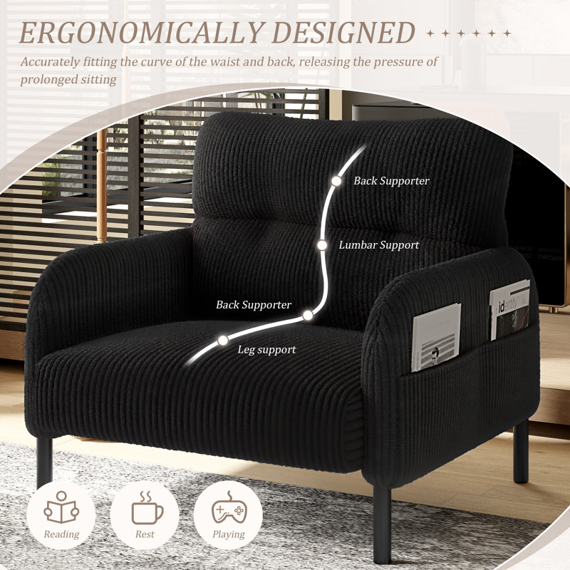Chaise d'appoint rembourrée en velours côtelé Modern, Noir