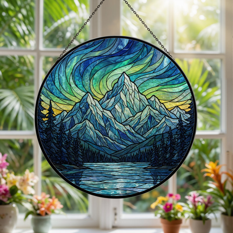 12"H Mountain Landscape Stained Glass Window Panel, 12" H x 12" W