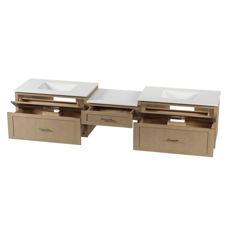 Ensemble de meuble-lavabo mural flottant double 96 po avec comptoir Carrara Disar, Chêne naturel