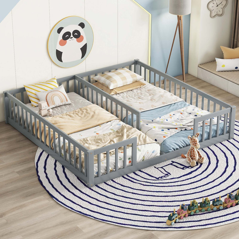 Double Twin Floor Bed With Fence, Guardrails, Grey