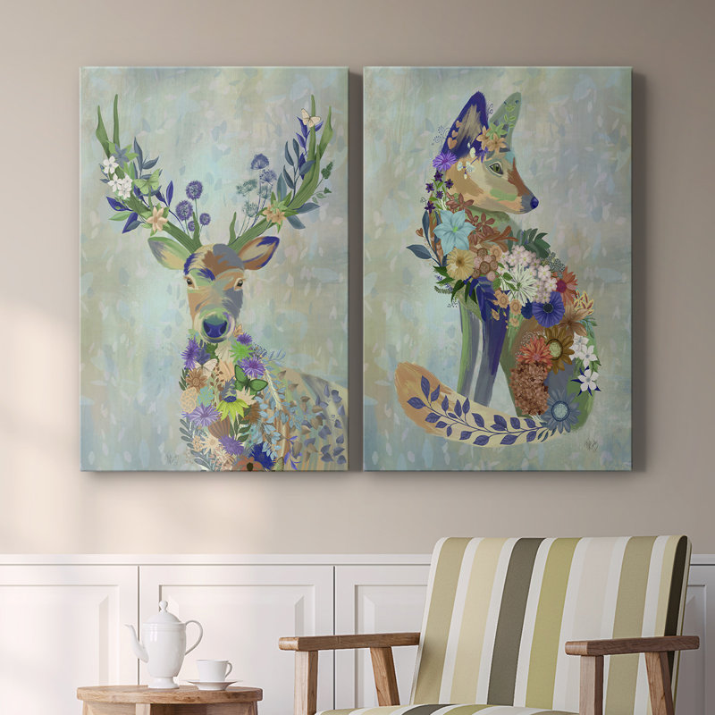 Fantastic Florals Deer, Portrait - Toile tendue avec châssis de qualité supérieure - Prêt à être accroché, H 48 po x l 64 po