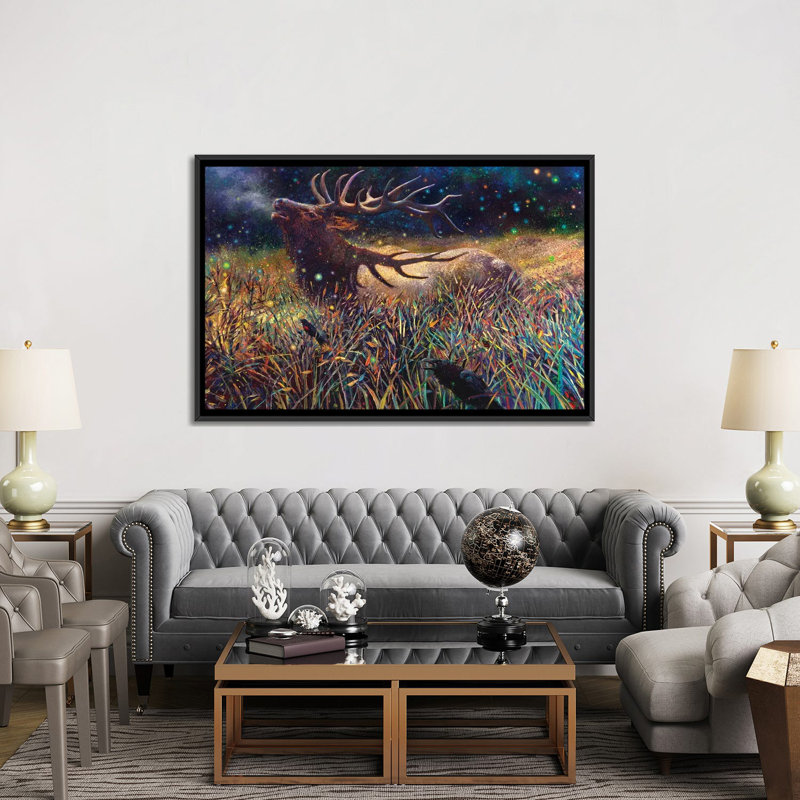 « Wapiti » par Iris Scott-impression d’art graphique, Pas de tapis, H 40 po x l 60 po x 1,5 po, Toile avec cadre noir