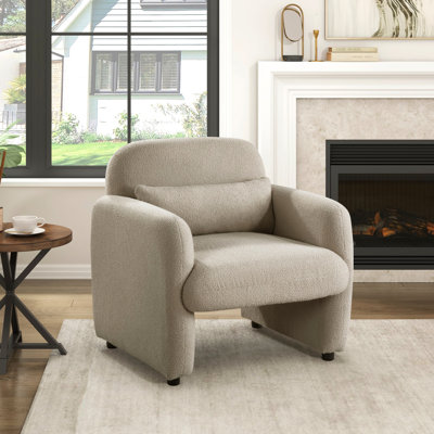 Chaise contemporaine, boucle taupe, structure en contreplaqué, ressorts ensachés en mousse, coussin de siège attaché, coussin décoratif assorti d'une limite de 300 lb