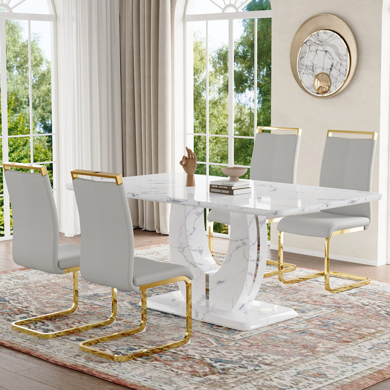 Ensemble de table de salle à manger, Gris clair / doré, Marbre blanc, 5 pièces