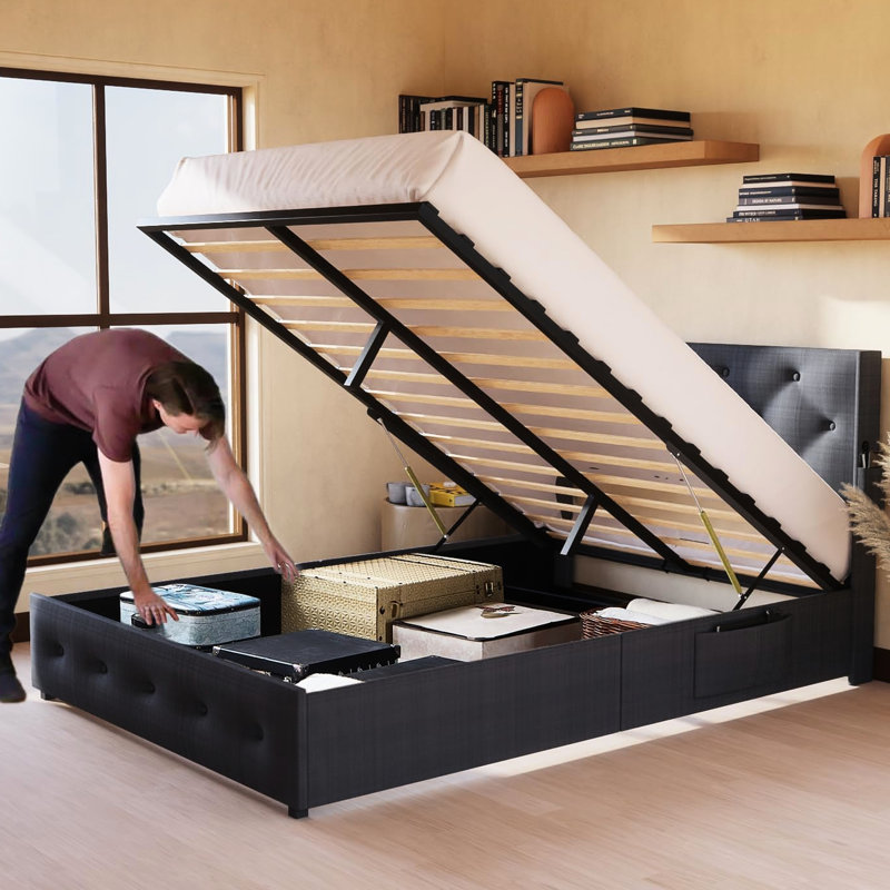 Structure de lit grand gris foncé avec rangement relevable - Optimisation de l'espace, design moderne à oreilles, finition