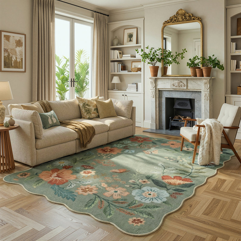 Garbrand Machine Washable Floral Botanical Green Area Rug with Non-Slip Backing for Living Room, Dining Room, Bedroom